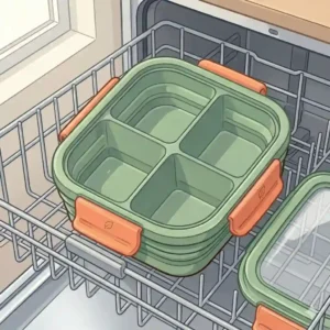 Illustration of a compact travel toddler snack container packed neatly inside a diaper bag next to a water bottle.