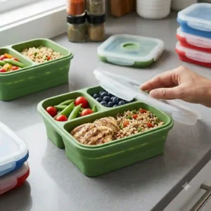 Three-compartment collapsible tupperware food storage containers packed with healthy meal prep.