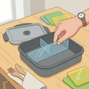 Flexible bento silicone food molds showing how easily they fit into various lunch box sizes.