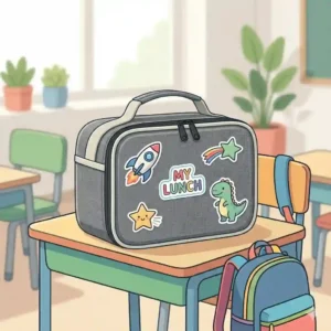 A colorful illustration of a durable kids' gray lunch box adorned with cute stickers next to a school backpack.