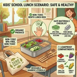A colorful non toxic lunch box designed for kids, showing leakproof compartments filled with fruits and snacks in a classroom setting."