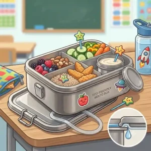 Cute kids school lunch setup featuring a stainless steel bento box lunch box with stickers.