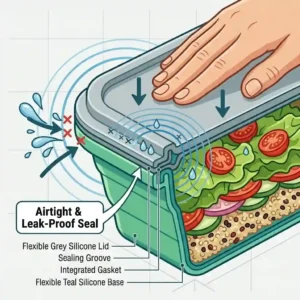 Close-up illustration of the leak-proof airtight seal on a silicone lunch box.
