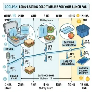 Graphic illustration charting how lunch pail ice packs keep a lunch pail below safe food temperatures for up to twelve hours.