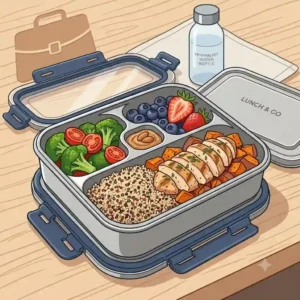 A minimalist vector illustration of a stainless steel bento container next to a water bottle on an office desk.