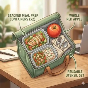 An open foldable lunch bag packed with healthy meal prep containers, fruit, and snacks.
