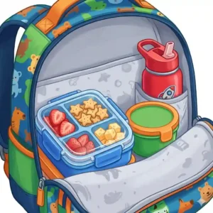 Portion-control kids snack containers neatly stored inside a school backpack.