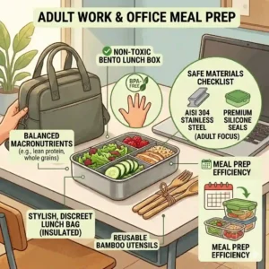 A sleek, minimalist non toxic lunch box with meal prep containers inside a modern canvas lunch bag on an office desk