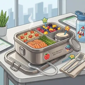 Adult office meal prep presentation with a stainless steel bento box lunch box on a desk.