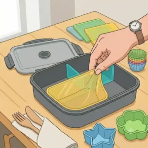 Assorted bento silicone accessories including leakproof lids and dividers laid out on a kitchen counter.