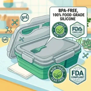 Graphic highlighting the non-toxic, BPA-free food grade silicone lunch box material.