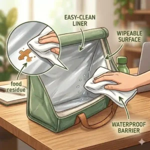 Illustration of someone easily wiping clean the waterproof interior lining of a foldable lunch bag.