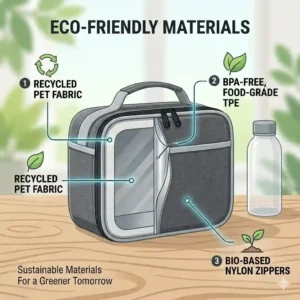 A flat-lay illustration showcasing an eco-friendly gray lunch box made from recycled materials, surrounded by reusable utensils.