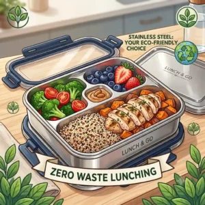 An illustration highlighting the environmental benefits of a reusable stainless steel bento as a zero-waste alternative to plastic.