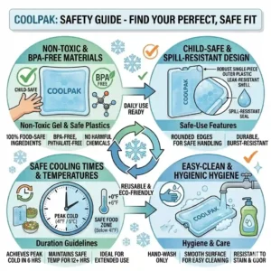 Vector illustration highlighting BPA-free and non-toxic gel materials used in child-safe lunch pail ice packs.