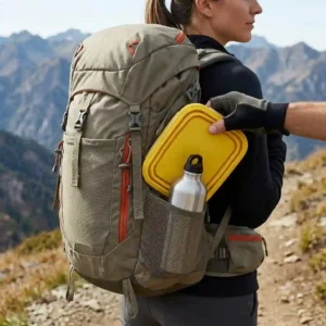A lightweight collapsible tupperware container being packed into a travel backpack for camping.