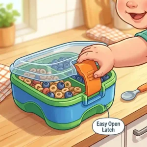 A toddler opening an easy-grip kids snack containers for snack time.