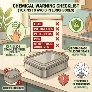 A chemical warning checklist graphic highlighting common toxins to avoid when shopping for a healthy, non toxic lunch box