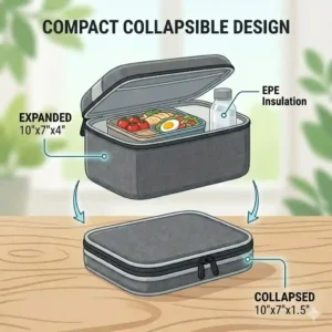 A side-by-side illustration showing a collapsible gray lunch box both expanded and folded flat for easy storage.