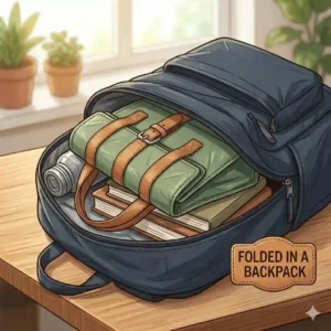 A commuter walking to work carrying a compact, aesthetic foldable lunch bag by its handle.
