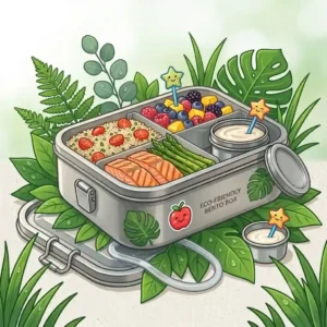 Sustainable and eco-friendly stainless steel bento box lunch box surrounded by green leaves.