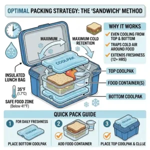 Illustration demonstrating the optimal way to layer food containers between two lunch pail ice packs for maximum cooling.