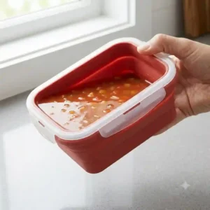 Close-up of a leakproof collapsible tupperware container with a secure airtight snap-on lid holding liquid securely.