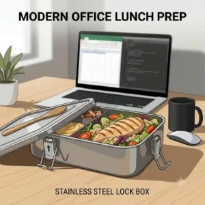 Graphic icon set showing features of a microwaveable lunch lock box.