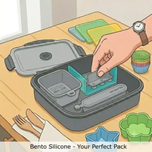 Microwave safe bento silicone inserts being placed inside a container for quick food reheating.