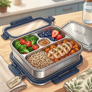 A 3D-style illustration demonstrating a three-tier stackable stainless steel bento lunch box