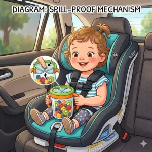 Illustration highlighting the easy-grip dual side handles of a colorful snack holder designed for toddler hands.