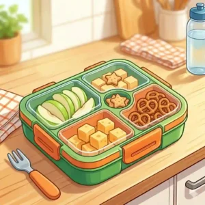 Multi-compartment bento-style kids snack containers with various healthy snacks.