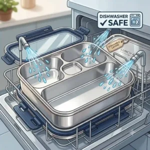 An instructional illustration showing a stainless steel bento being easily cleaned in a kitchen dishwasher.