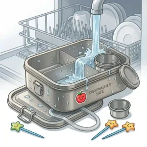 Easy to clean dishwasher safe stainless steel bento box lunch box under running water.