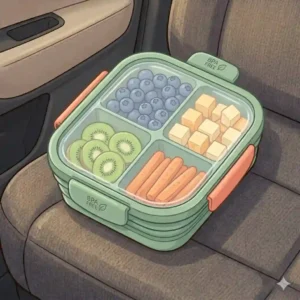 Illustration of a disassembled toddler snack cup being placed on the top rack of a dishwasher for easy cleaning.