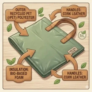 Graphic showcasing the sustainable and reusable fabric used to create an eco-friendly foldable lunch bag.