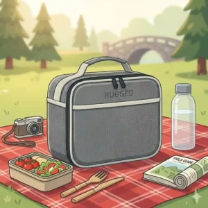 A stylized illustration of a heavy-duty gray lunch box sitting on a red plaid picnic blanket in a sunny park.