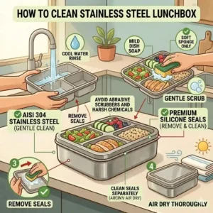 A step-by-step instructional graphic demonstrating how to wash, care for, and clean a stainless steel non toxic lunch box.