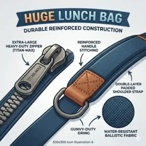 Close-up illustration focusing on the heavy-duty zippers and reinforced shoulder strap of a durable huge lunch bag.