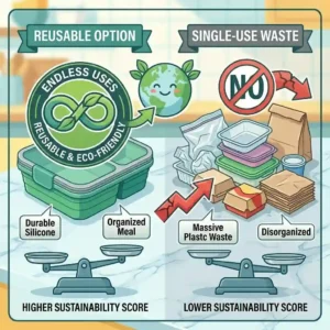 An eco-friendly reusable silicone lunch box as a sustainable alternative to single-use plastics.