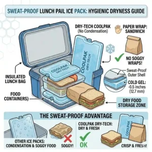 Illustration of a dry, condensation-free lunch pail ice pack inside a fabric lunch pail keeping paper wrappers from getting soggy.
