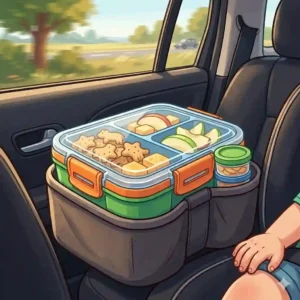 Portable kids snack containers placed in a car seat for on-the-go travel.