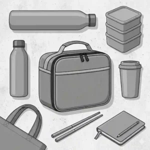 A monochromatic graphic illustration featuring a trendy aesthetic gray lunch box matching with a gray water bottle and travel mug.