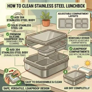 A top-down diagram showing the layout, dimensions, and removable dividers of a bento-style non toxic lunch box.