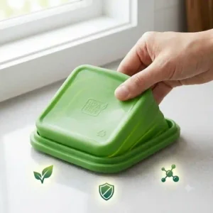 Durable and flexible food-grade silicone collapsible tupperware emphasizing eco-friendly, non-toxic materials.