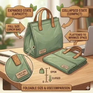 Size comparison illustration showing a foldable lunch bag expanded for meals versus collapsed flat.
