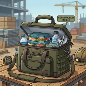 Illustration of a heavy-duty, rugged huge lunch bag designed for construction workers and long outdoor shifts.