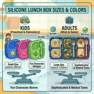 Various sizes and colorful options of a silicone lunch box for kids and adults.
