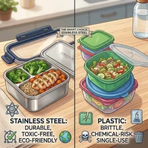 A side-by-side comparison illustration showing why a stainless steel bento is more durable and toxic-free than a plastic lunchbox.