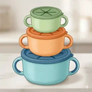 A set of three colorful toddler snack containers stacked together showing different size options.